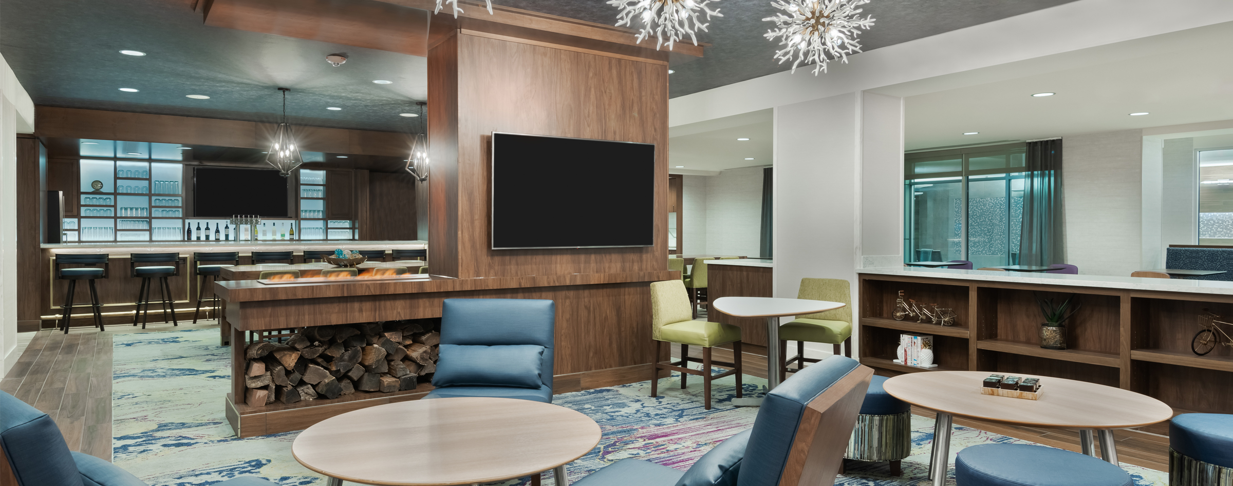 Lobby seating and bar at Residence Inn Buffalo Downtown